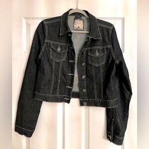 Puzzle Jeans Wear Denim Jacket. Sz L. Women's Black. Button up. Short waisted.